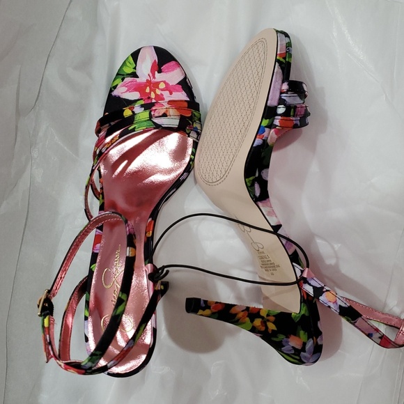 Jessica Simpson black hibiscus tropical floral strappy ankle strap heels size 11 - Picture 5 of 16